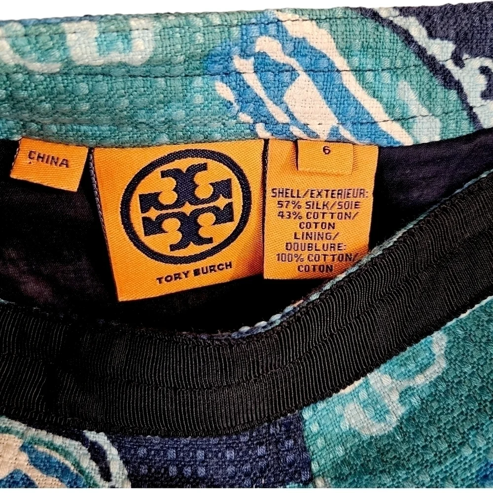 Tory Burch Blue Paisley Textured Silk Flare Skirt